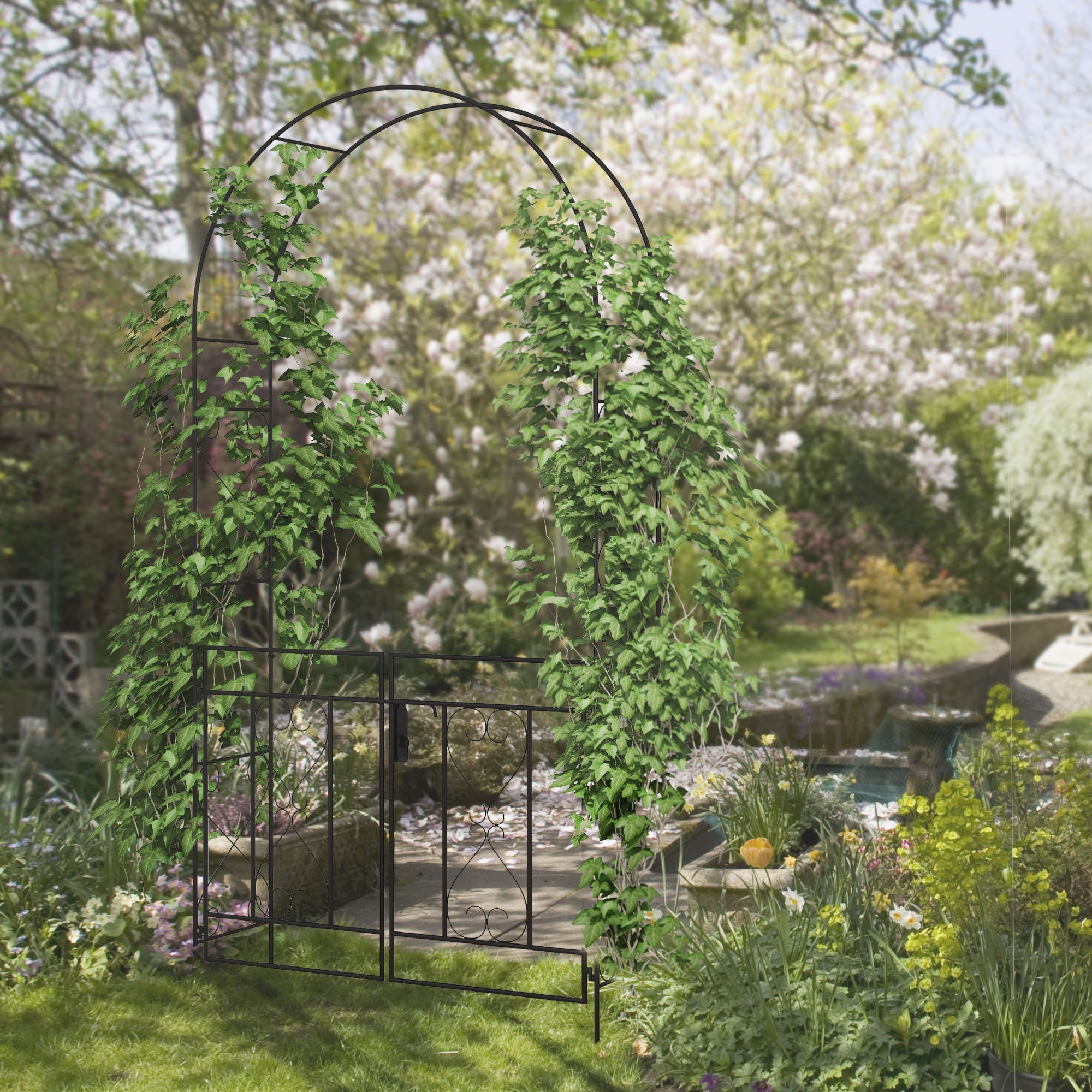 Outsunny 7.6FT Metal Garden Arch with Gate, Garden Arbor Trellis for Climbing Plants, Roses, Vines, Wedding Arch, Black 