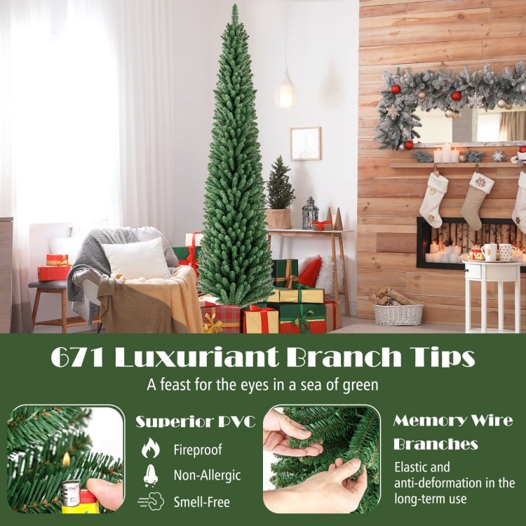 8 Feet Pencil Christmas Tree with Memory Wire Branch Tips and Warm  LED Lights