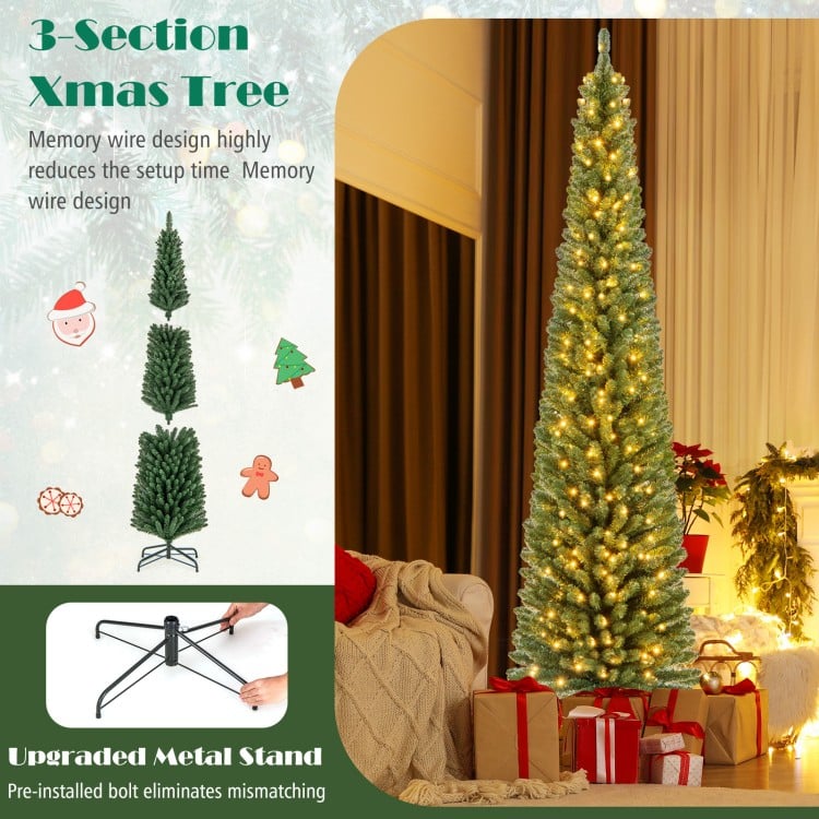 8 Feet Pencil Christmas Tree with Memory Wire Branch Tips and Warm  LED Lights