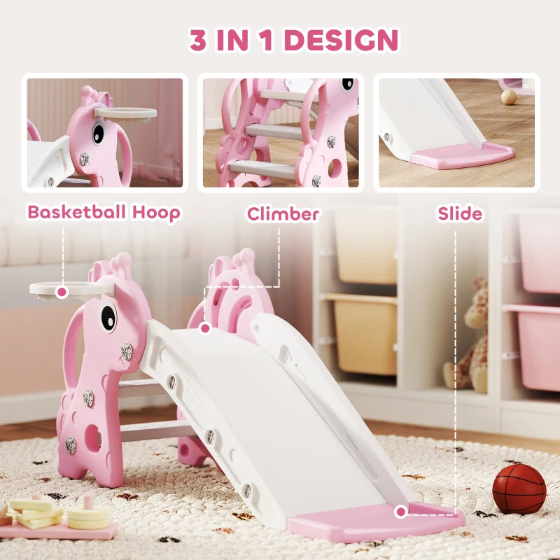 Qaba 3 in 1 Toddler Slide for Age 1-3, Kids Slide with Climber, Basketball Hoop and Ball, Giraffe Design, Pink