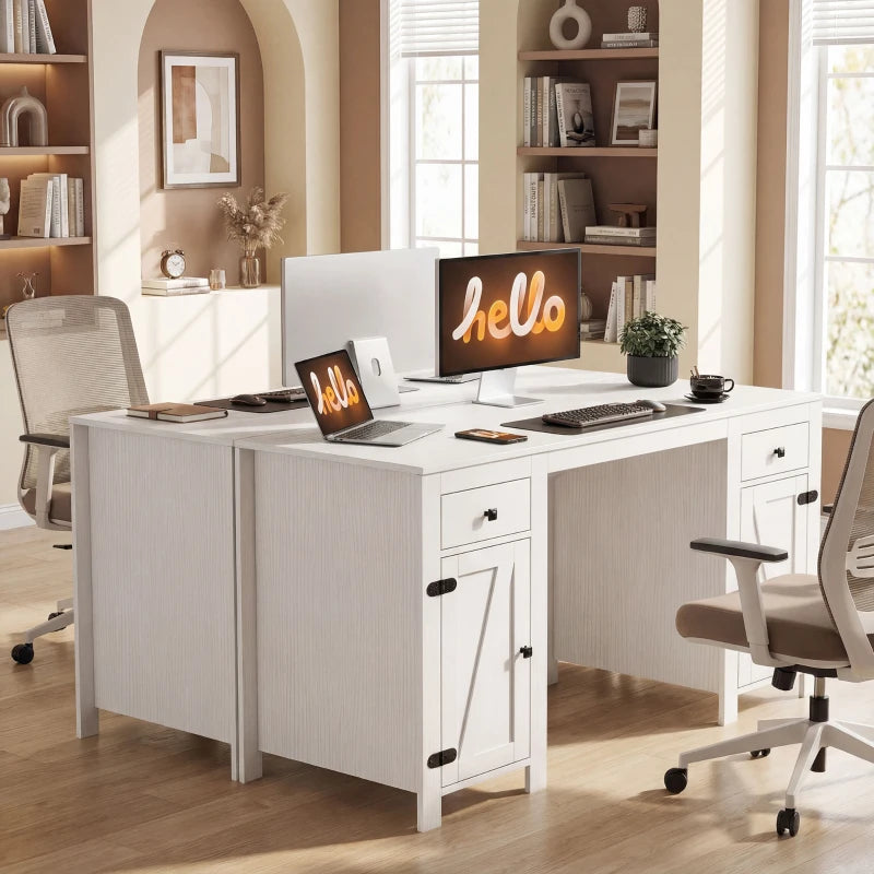 53" Farmhouse Executive Desk, Computer Desk with Drawers and 2 Cabinets, Study Table for Home Office, White Wood Grain