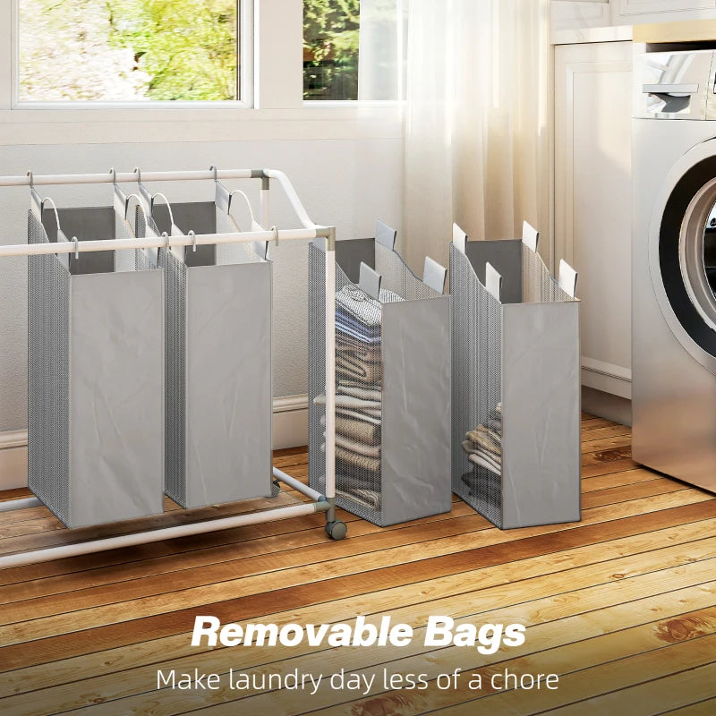 Laundry Hamper with Wheels, 160L Laundry Basket with 4 Removable Bags for Bedroom, Bathroom, Grey