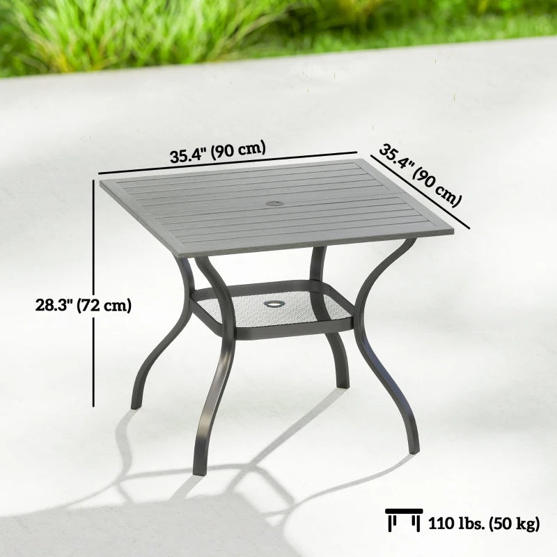Outdoor Dining Table for 4, Square Patio Table with Umbrella Hole, Shelf, Slatted Faux Wood Steel Top, Grey