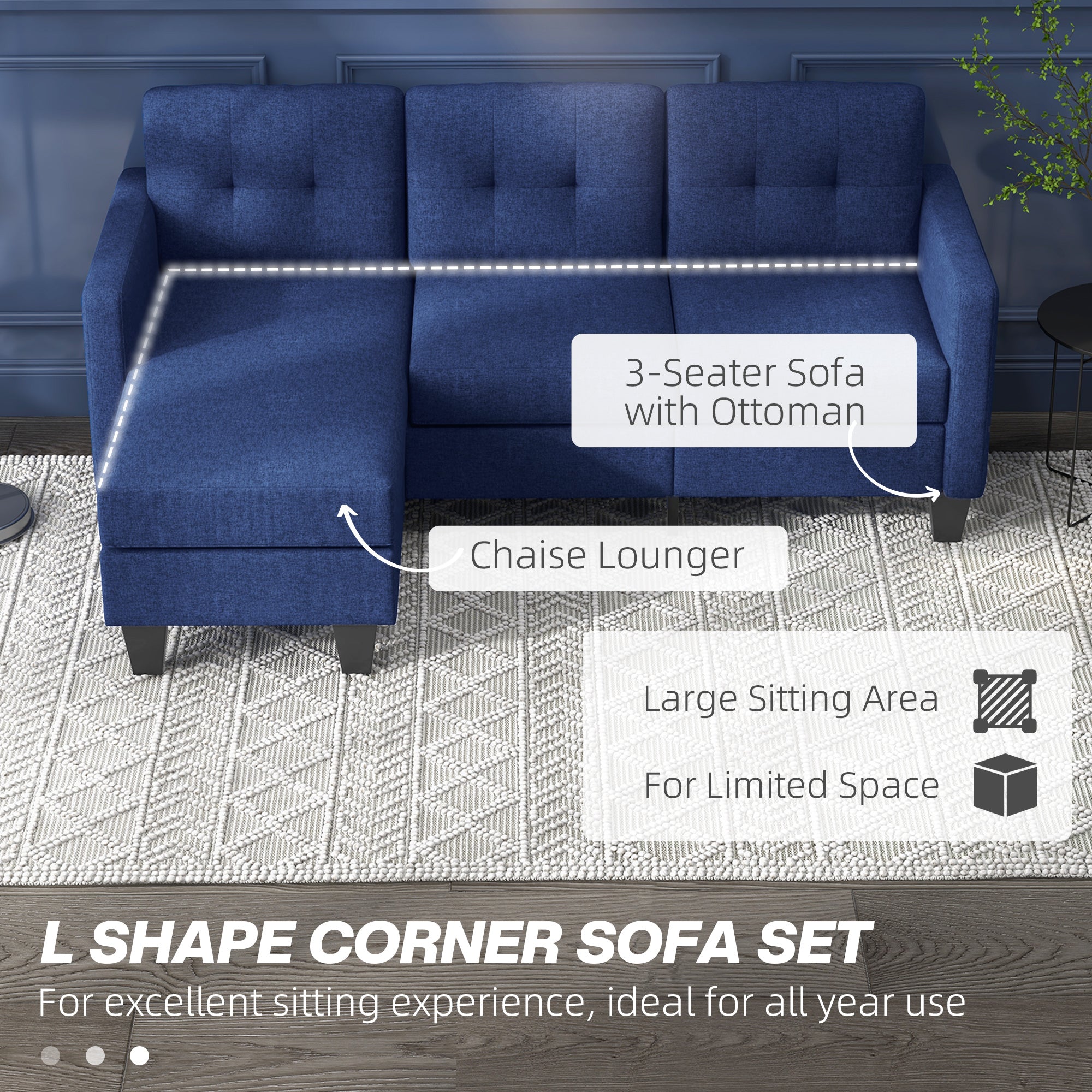 HOMCOM L-shaped Sofa, 3 Seater Sectional Couch with Ottoman, Corner Sofa with Thick Padded Cushion and Wood Legs, Dark Blue 