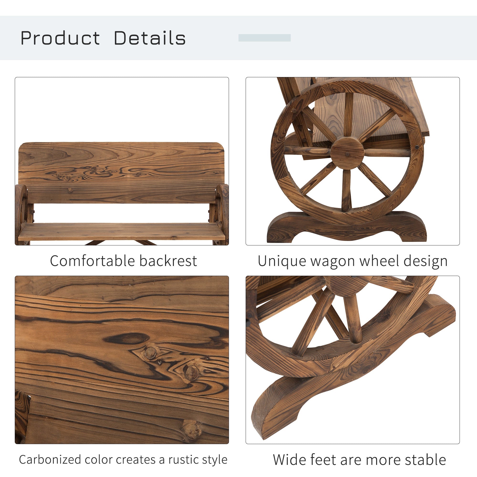 Outsunny Wooden Wagon Wheel Bench Rustic Design 2 Seater Garden Outdoor Chair High Back Loveseat 