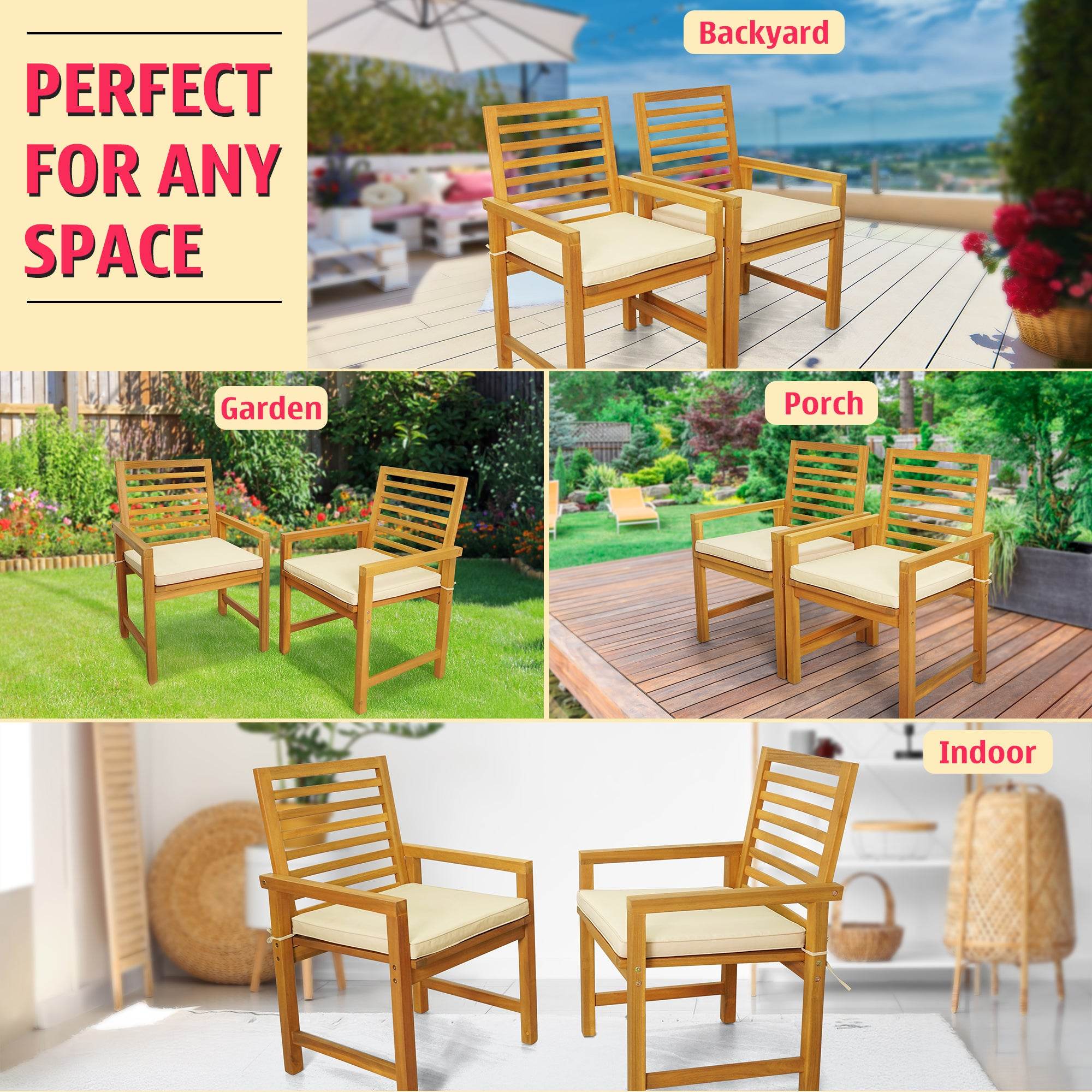 Tranquillo Solara Acacia Wood Outdoor Chairs Set of 2 with Cushions 