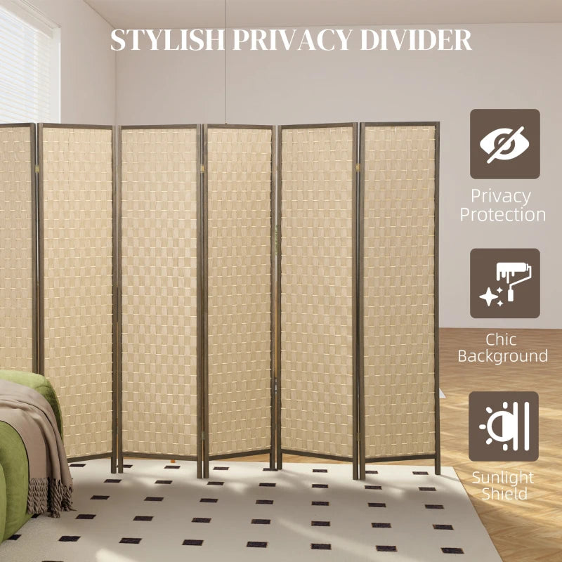 6 FT Room Divider, 6 Panel Folding Privacy Screen, Lightweight Handwoven Freestanding Partition for Home Office, Brown