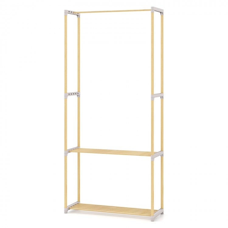 Pine Wood Clothes Rack with 2-Tier Open Storage Shelf for Hanging Clothes-Gray