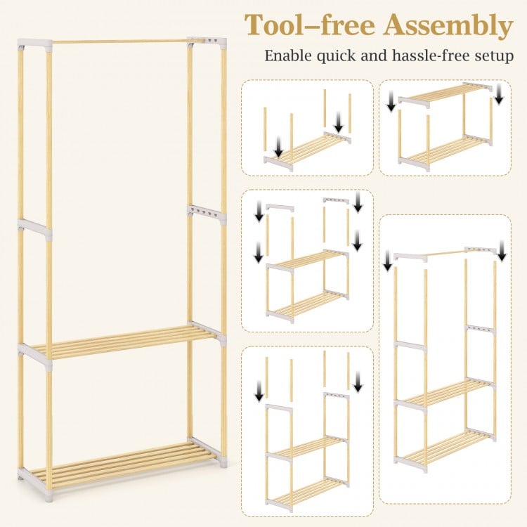 Pine Wood Clothes Rack with 2-Tier Open Storage Shelf for Hanging Clothes-Gray