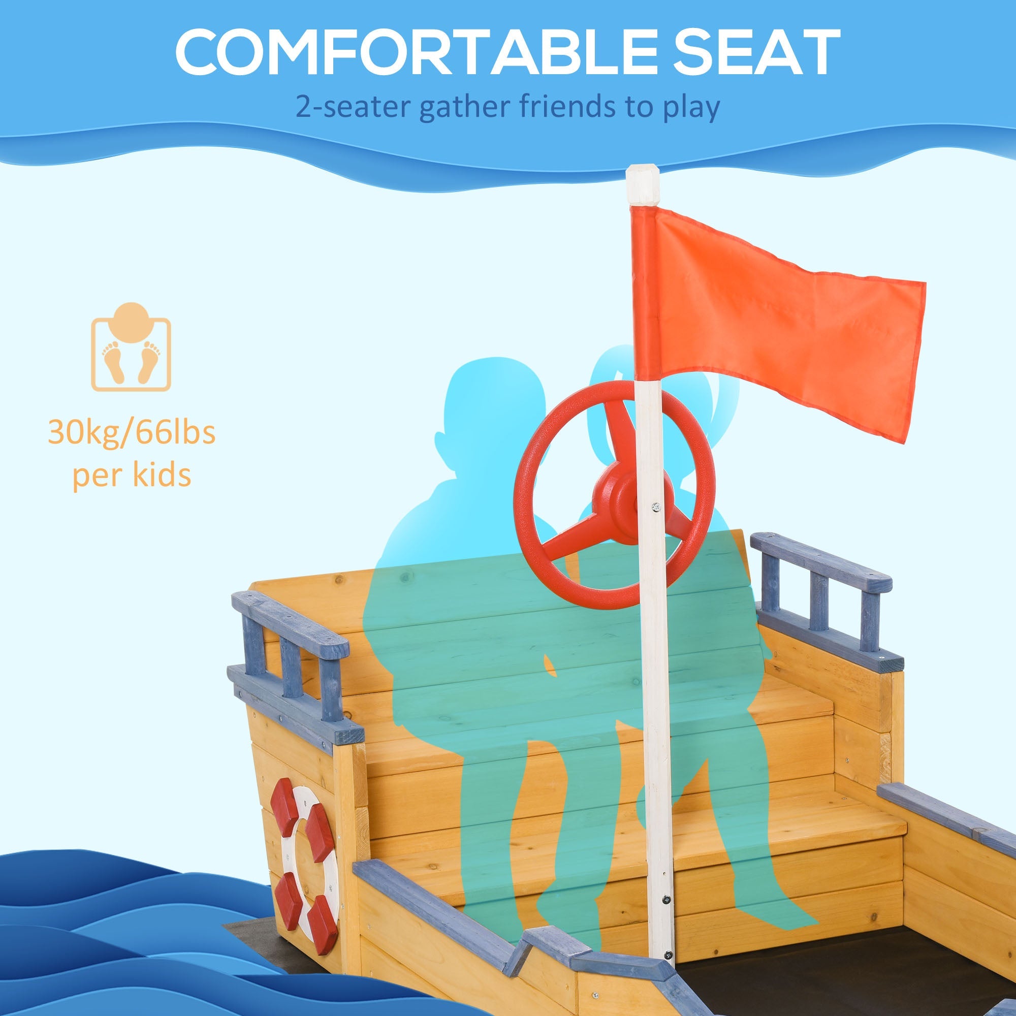 Outsunny Pirate Ship Sandbox Wooden Outdoor Playset for Kids Backyard Play Station Bench Seat Storage Flag 