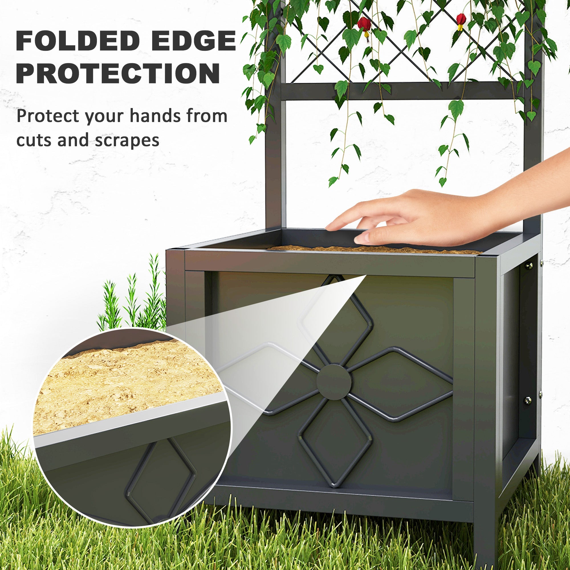 Outsunny Galvanized Raised Garden Bed with Trellis, Metal Planter Box with Drainage Holes for Climbing Plants, Vegetable, Vines 