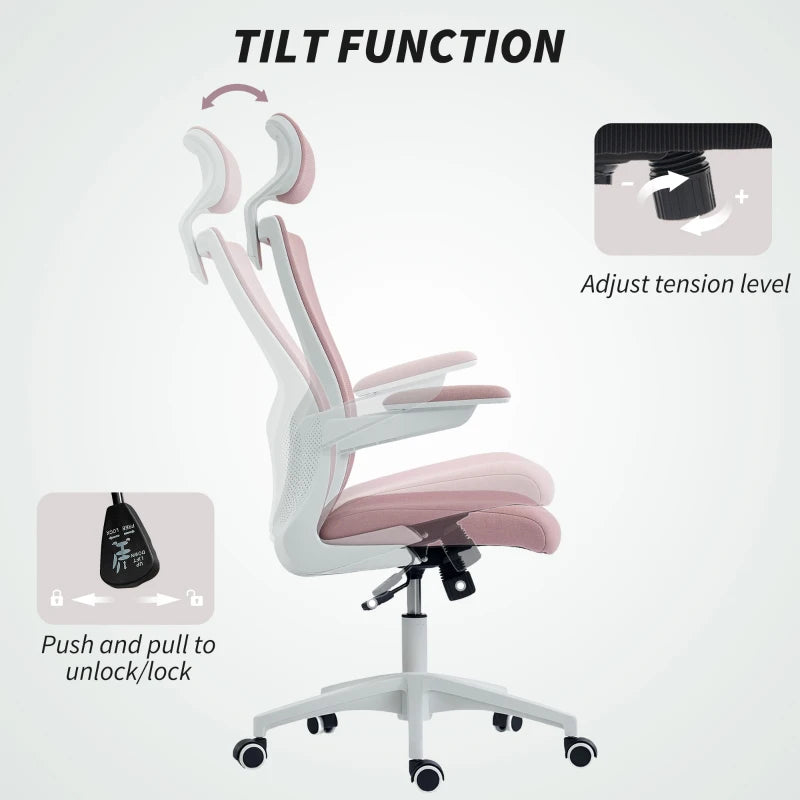 Ergonomic Office Chair, Swivel Desk Chair with Adjustable Lumbar Support, Headrest and Height, Flip-up Armrests, Pink