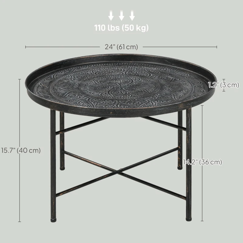 Vintage Coffee Table for Living Room, 24" Round Center Table with Hammered Tray Top and Metal Frame, Pewter