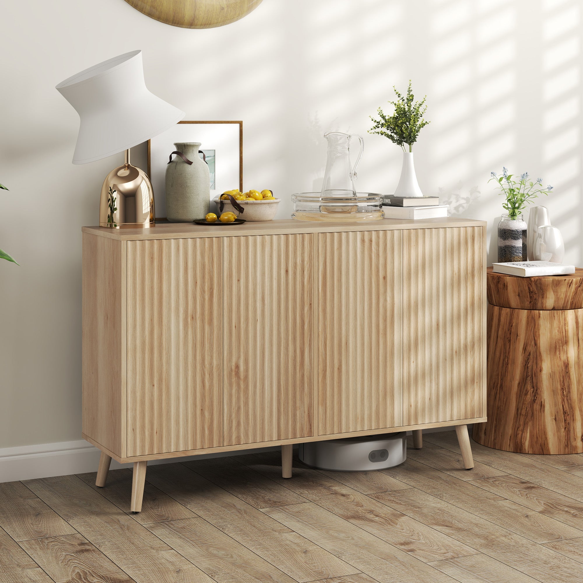 HOMCOM Buffet Cabinet with Storage Modern Fluted Sideboard with Adjustable Shelves Wood Legs for Dining Room Living Room Oak 
