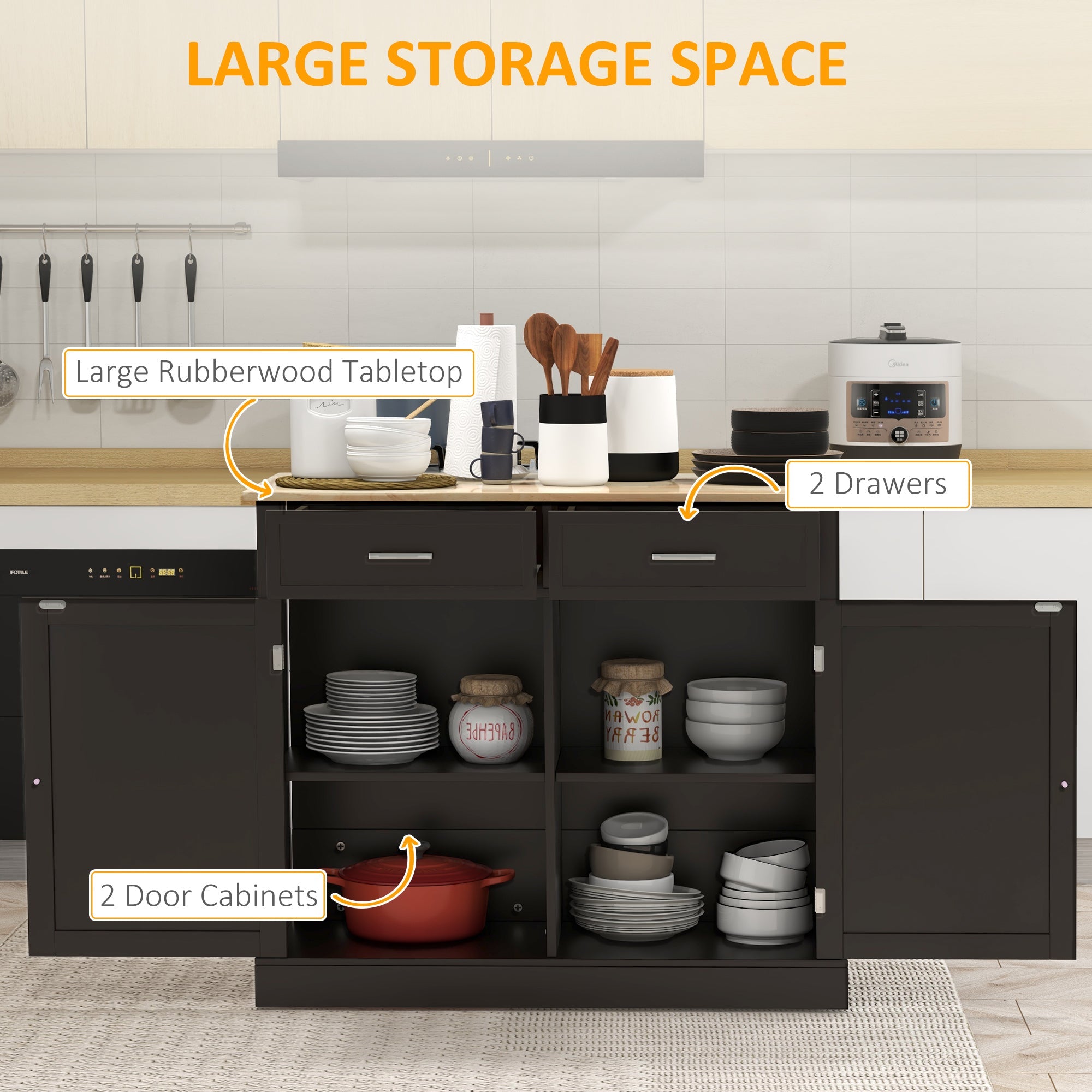 HOMCOM Ebony Culinary Companion: Black Kitchen Island with Beadboard, Rubberwood Cart, 2 Drawers, Adjustable Shelves for Storage 