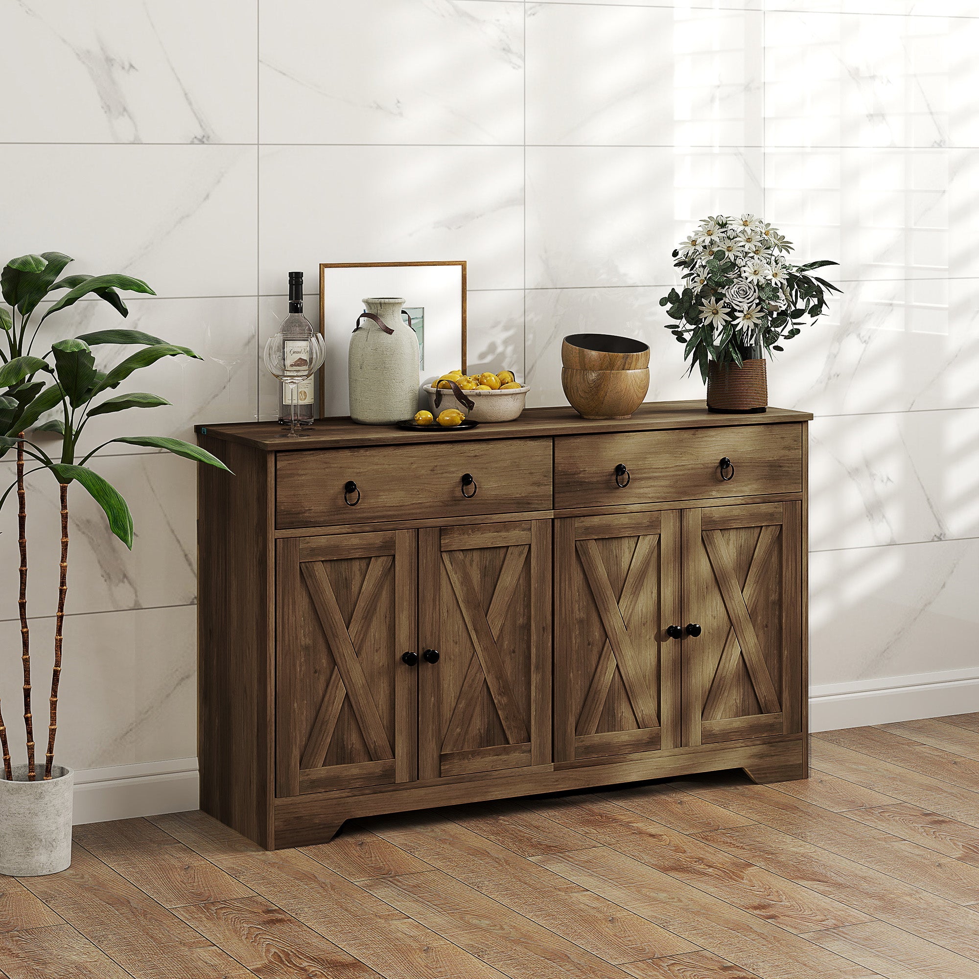 HOMCOM Sideboard Cabinet with 2 Drawers, 4 Barn Doors and 2 Adjustable Shelves, Buffet Table for Living Room, Light Brown 