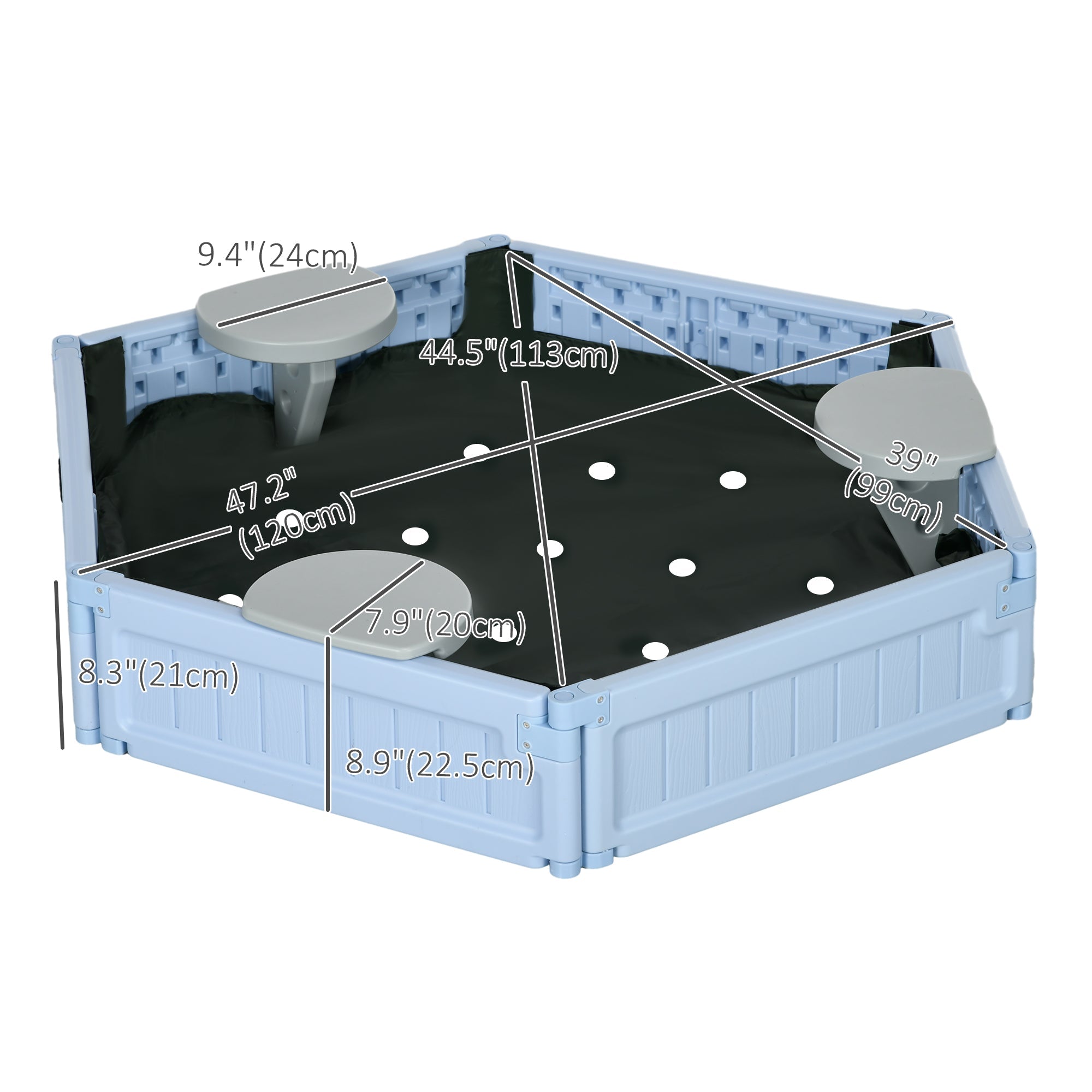 Outsunny Sandbox with Cover for Kids 3 Seats Bottom Liner Light Blue 3-12 Years Old 