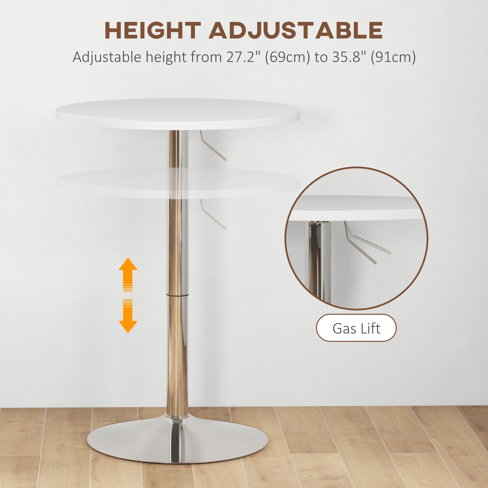 HOMCOM Swivel Simplicity: Adjustable High Top Bar Table, White Round Steel Base Bistro Style for 2 People 