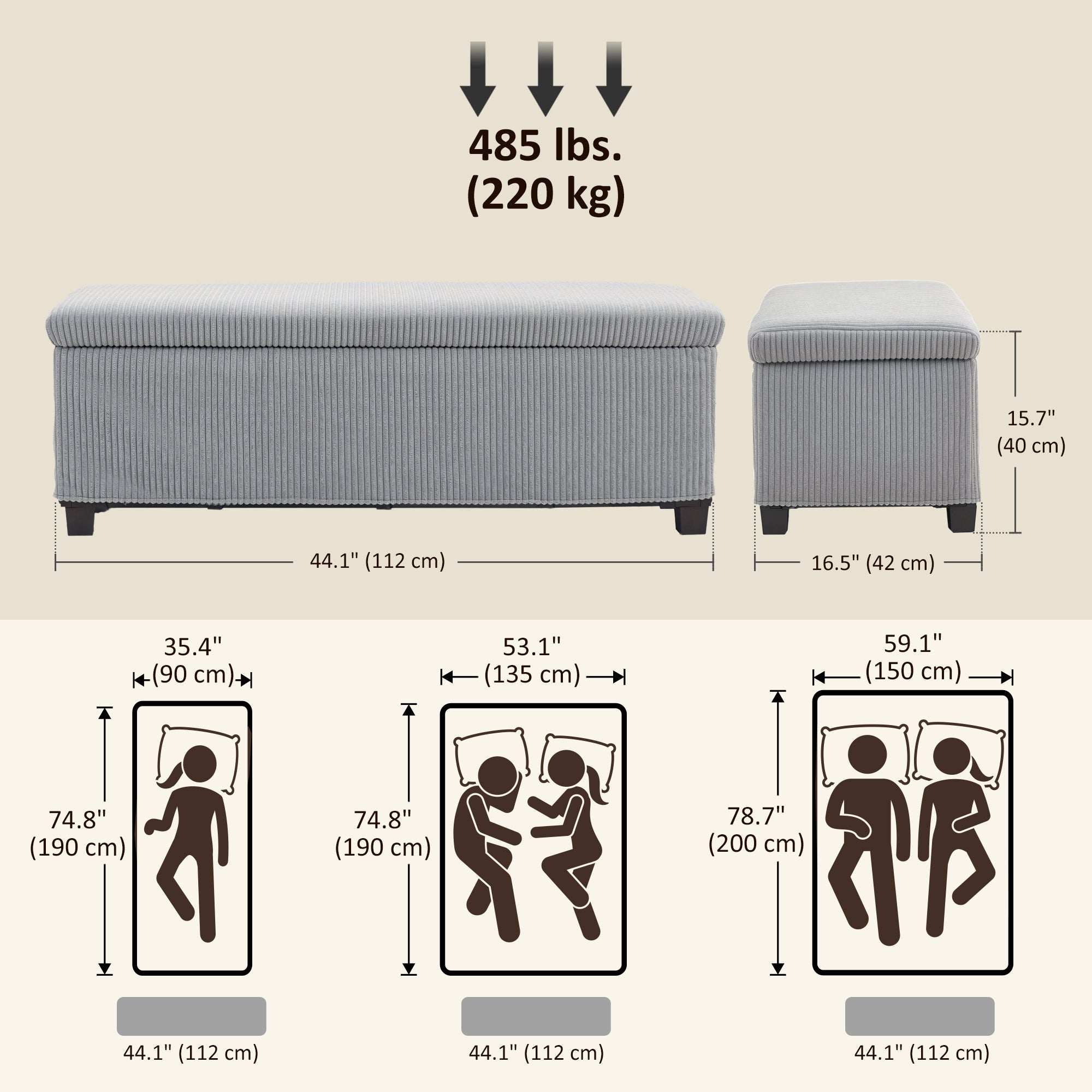 HOMCOM 44 Inches Ottoman with Storage, Lid, Legs, Corduroy End of Bed Bench for Living Room, Bedroom, Entryway, Light Grey 