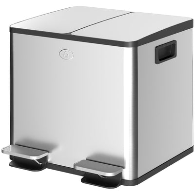 HOMCOM Dual Garbage Bin, Soft-Close Trash Can with Foot Pedal, 2 x 15 Liter Garbage Can with Removable Inner Buckets, Silver 