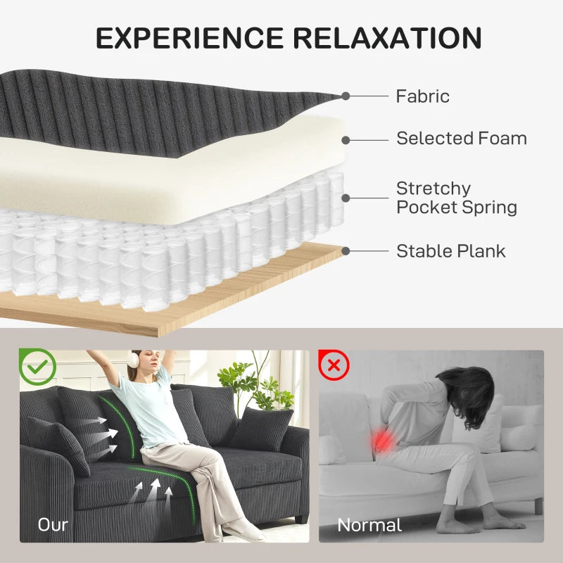 Corduroy Couch with 6 Back Cushions, 2 Pillows and Curved Armrests, Modern 3 Seater Sofa, Dark Grey