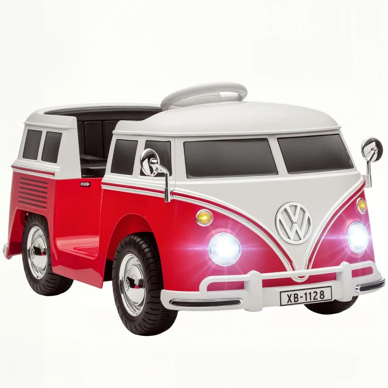 Qaba 12V Kids Ride on Car, Lisensed Volkswagen T1 Electric Vehicle with Dual Motor and Soft Start for 3-7 Years, Red