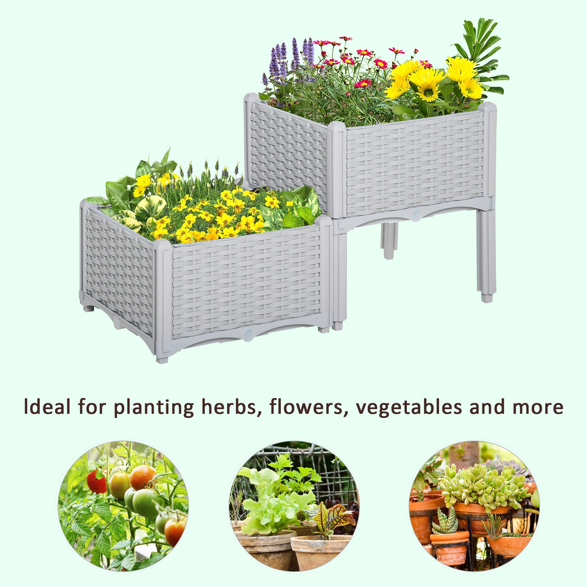 Outsunny 2 Piece Raised Garden Bed PP Raised Flower Bed Vegetable Herb Grow Box Stand Light Grey 