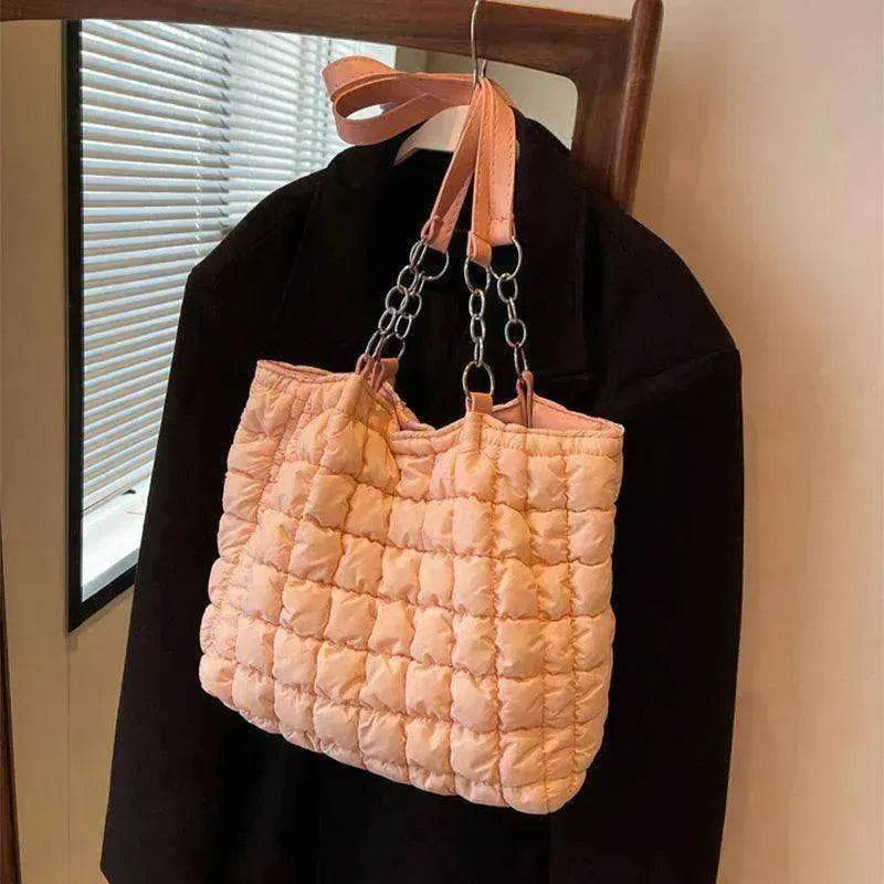 Plaid Down Handbags Large Capacity Bubble Tote Bag 