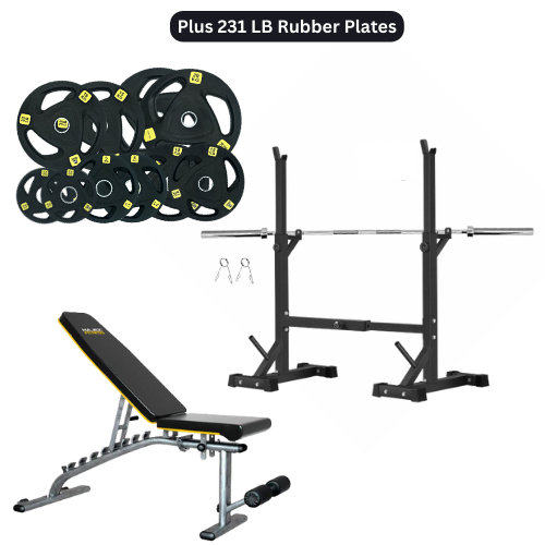Squat Rack, Bench, Barbell & Weight Plates Stack 