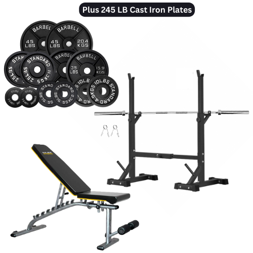 Squat Rack, Bench, Barbell & Weight Plates Stack 