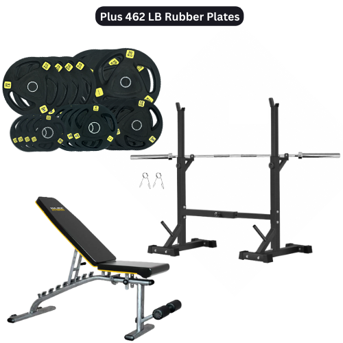 Squat Rack, Bench, Barbell & Weight Plates Stack 