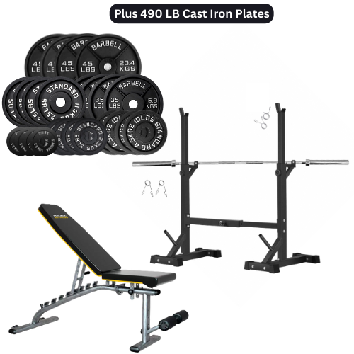 Squat Rack, Bench, Barbell & Weight Plates Stack 