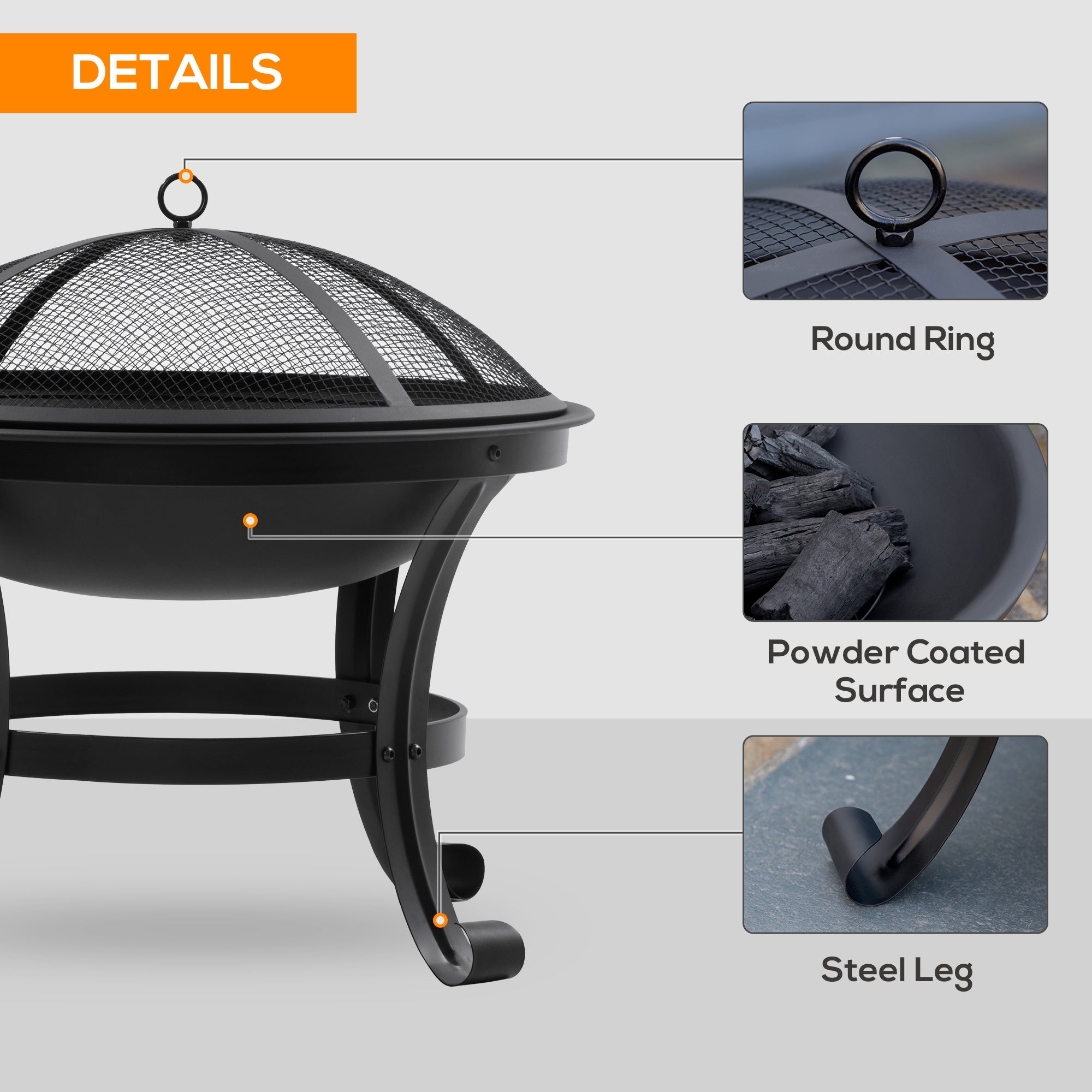 Outsunny Outdoor Fire Pit, Firepit with Mesh Lid, Poker, for Camping, Bonfire, Picnic, Black 