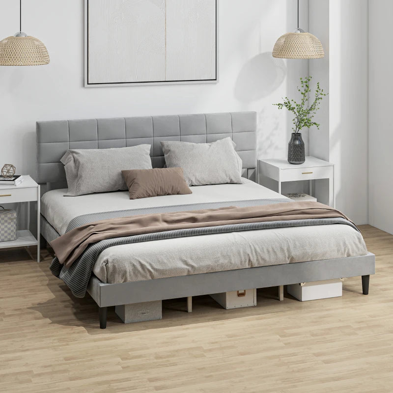 King Size Bed Frame with Upholstered Headboard, Modern Platform Bed Frame with Wood Slats, 1100 lbs Capacity, Grey