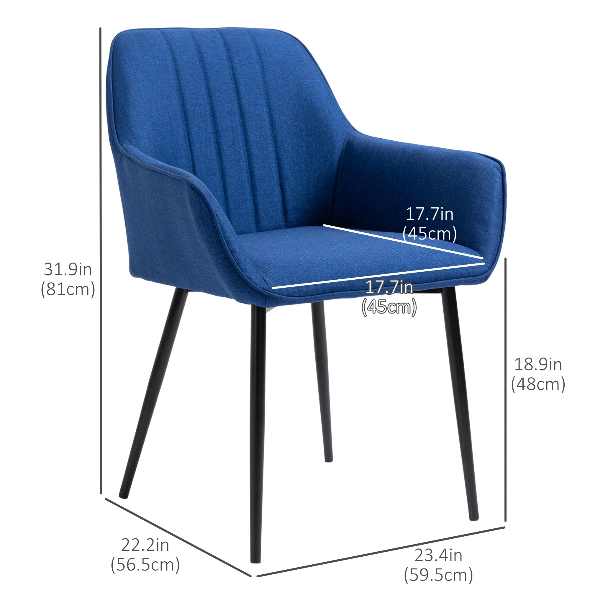 HOMCOM Dining Chairs Set of 2 Upholstered Linen Fabric Accent Chair Metal Legs Comfortable Seating Dark Blue 