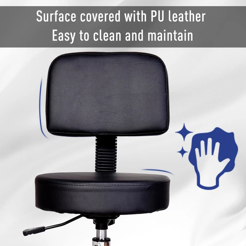 PU Leather Adjustable Rolling Stool, Round Swivel Drafting Stool with Back, Wheels, Black