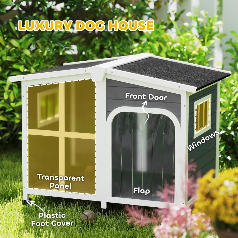 Wooden Dog House, Raised Pet Kennel with Removable Bottom, Openable Asphalt Roof, Door Curtain, Side Windows, Dark Grey