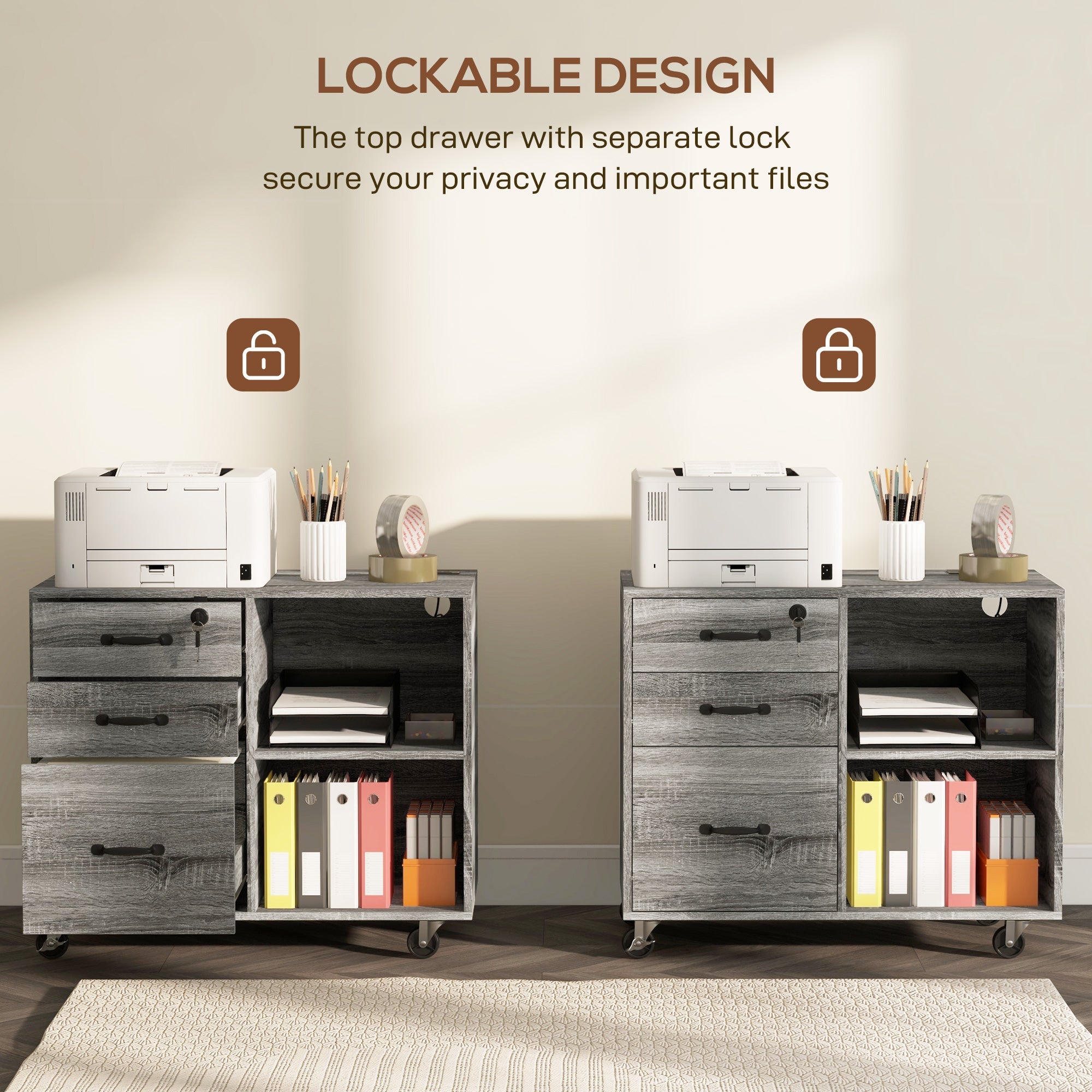 HOMCOM Mobile Printer Stand: USB Charging, Locking Cabinet for A4/Letter Size, Grey 
