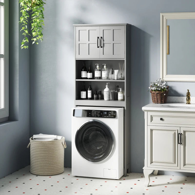 Modern Over The Toilet Storage, Bathroom Cabinets Over Toilet with Open Shelves and Double Door Cabinet, Grey