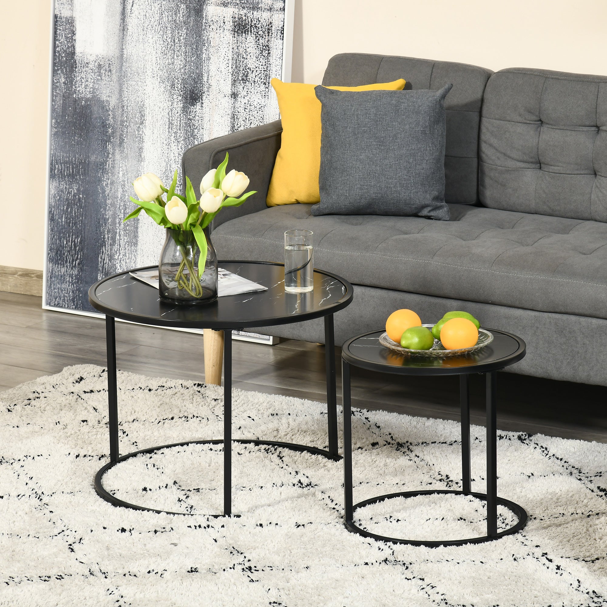Homcom Black Nesting Coffee Tables: Round Set of 2 with Faux Marble Top & Metal Frame for Modern Style 