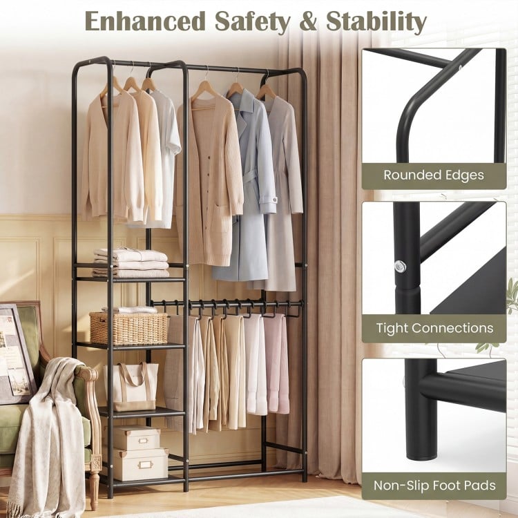Portable Closet with Pants Hangers and 2 Hanging Rods and 4 Storage Shelves-Black