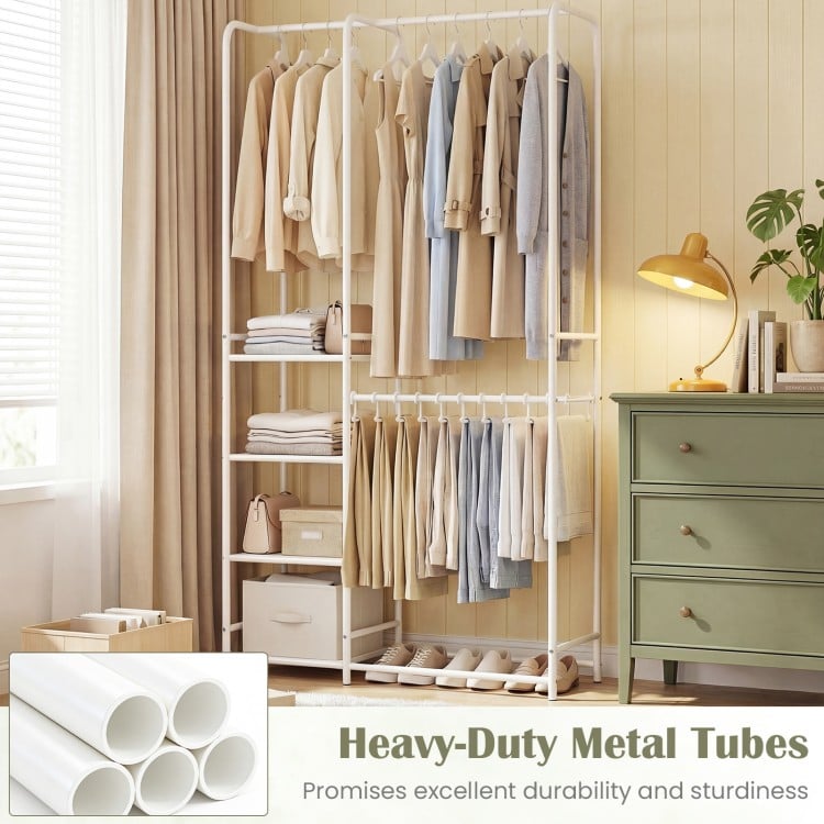 Portable Closet with Pants Hangers and 2 Hanging Rods and 4 Storage Shelves-White