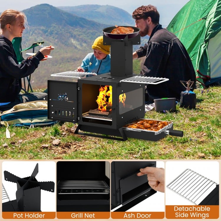 Portable Wood Burning Stove Mini Heater Burner with Pot Rack Oven Pan