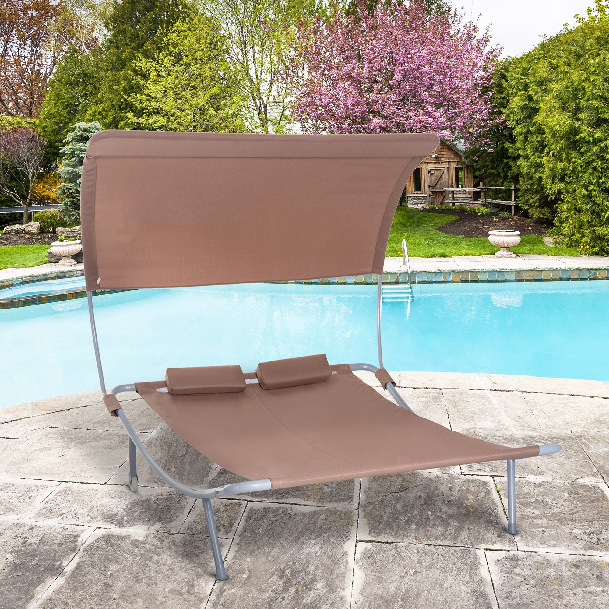 Outsunny 79" Spacious Double Sun Lounger Hammock Bed Outdoor with Pillow Canopy Grey 
