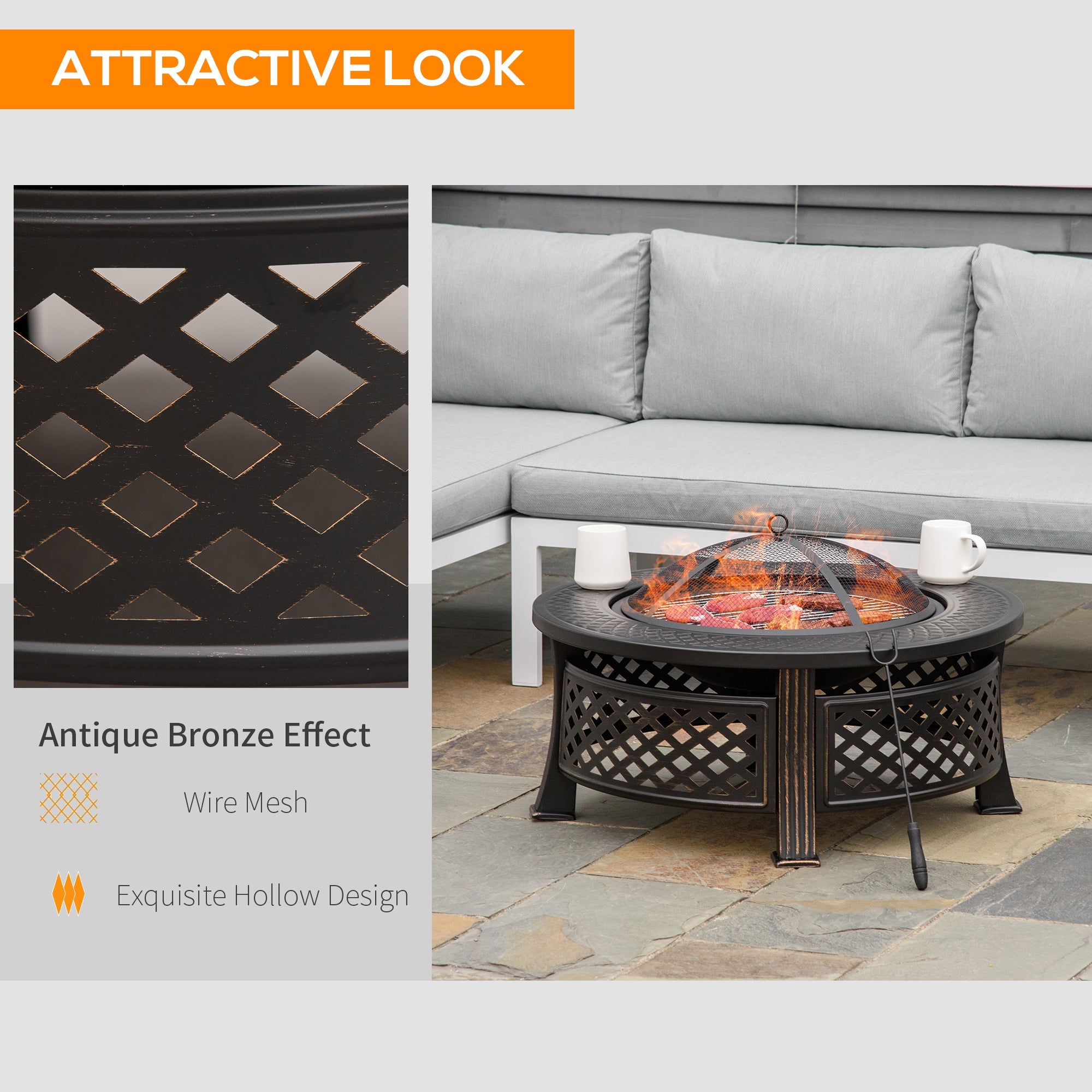 Outsunny Outdoor Fire Pit, Firepit with Grill Net, Mesh Lid, Poker, for Camping, Bonfire, Picnic, Bronze 