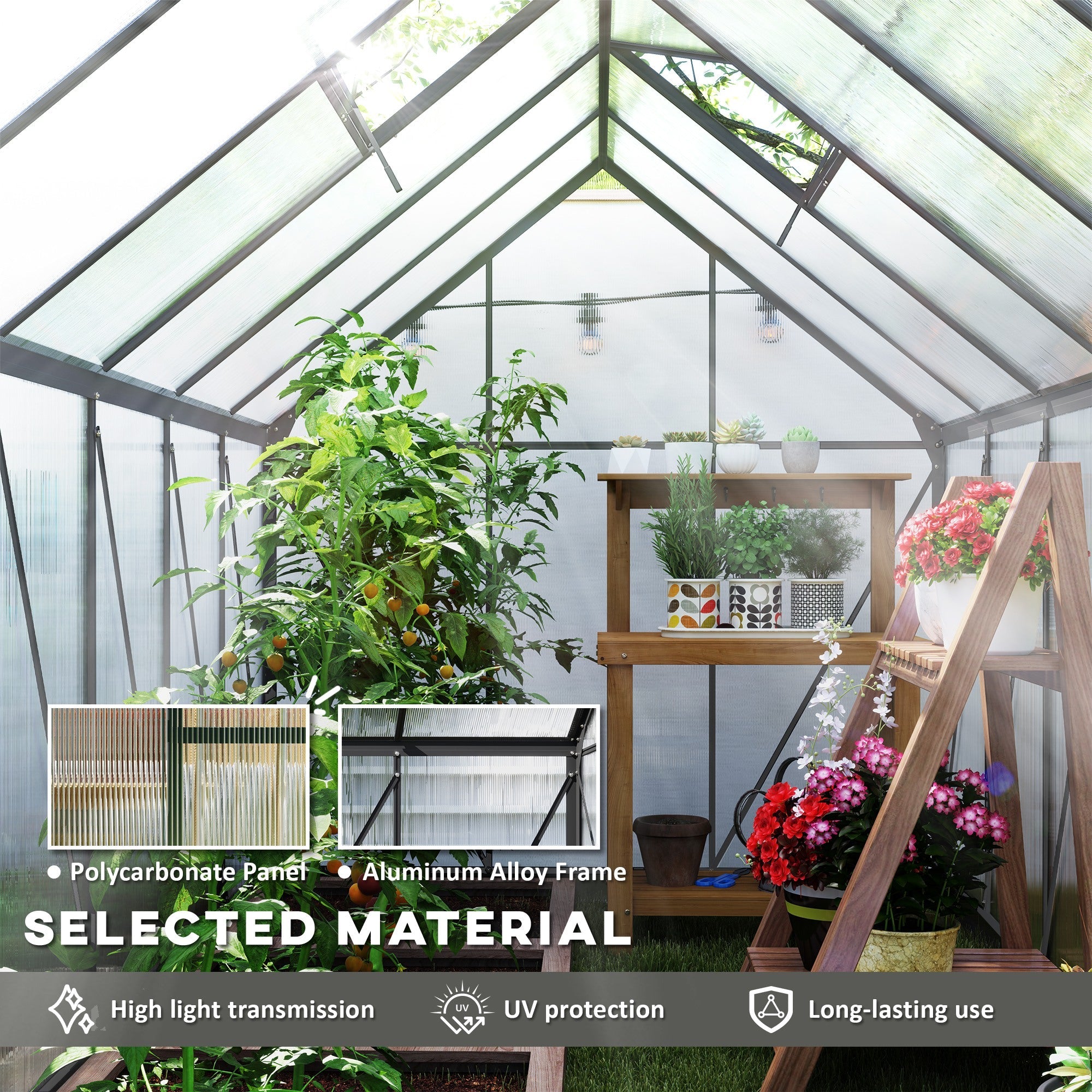 Outsunny 6' x 12' x 6.5' Polycarbonate Greenhouse, Walk-in Green House with Adjustable Roof Vent Galvanized Base Sliding Door Rain Gutter for Outdoor Garden Backyard, Charcoal Grey 
