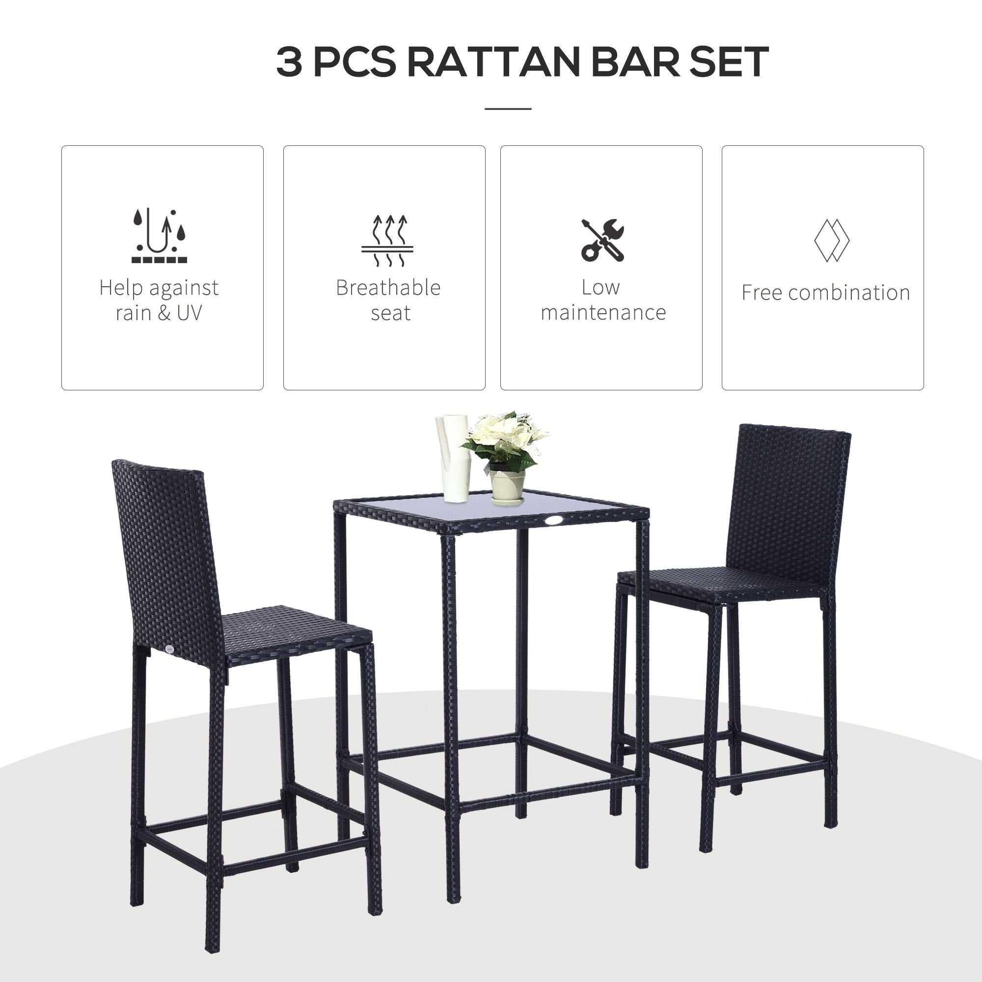 Outsunny 3pc Patio Bar Set Outdoor Wicker Rattan Garden Deck Bistro Barstool Table Furniture Brown 
