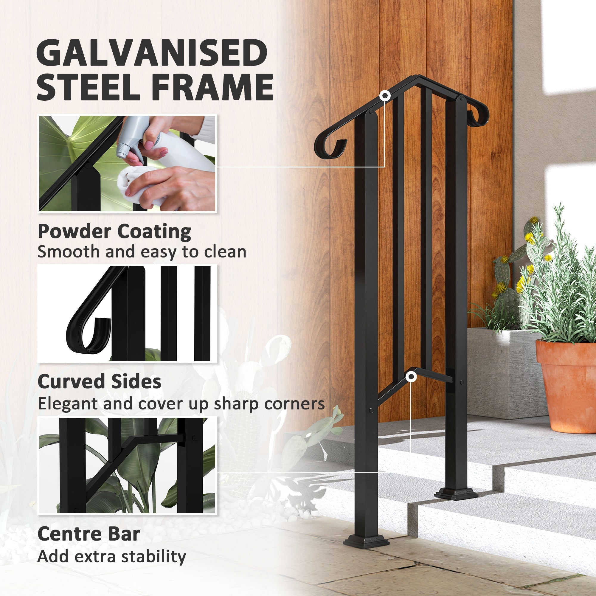 Outsunny 1-2 Step Handrails for Outdoor Steps, Metal Outdoor Stair Railing, Porch Deck Railing with Installation Kit, Black 