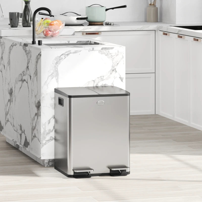 Dual Garbage Bin, Soft-Close Trash Can with Foot Pedal, 2 x 20 Liter Garbage Can with Removable Inner Buckets, Silver