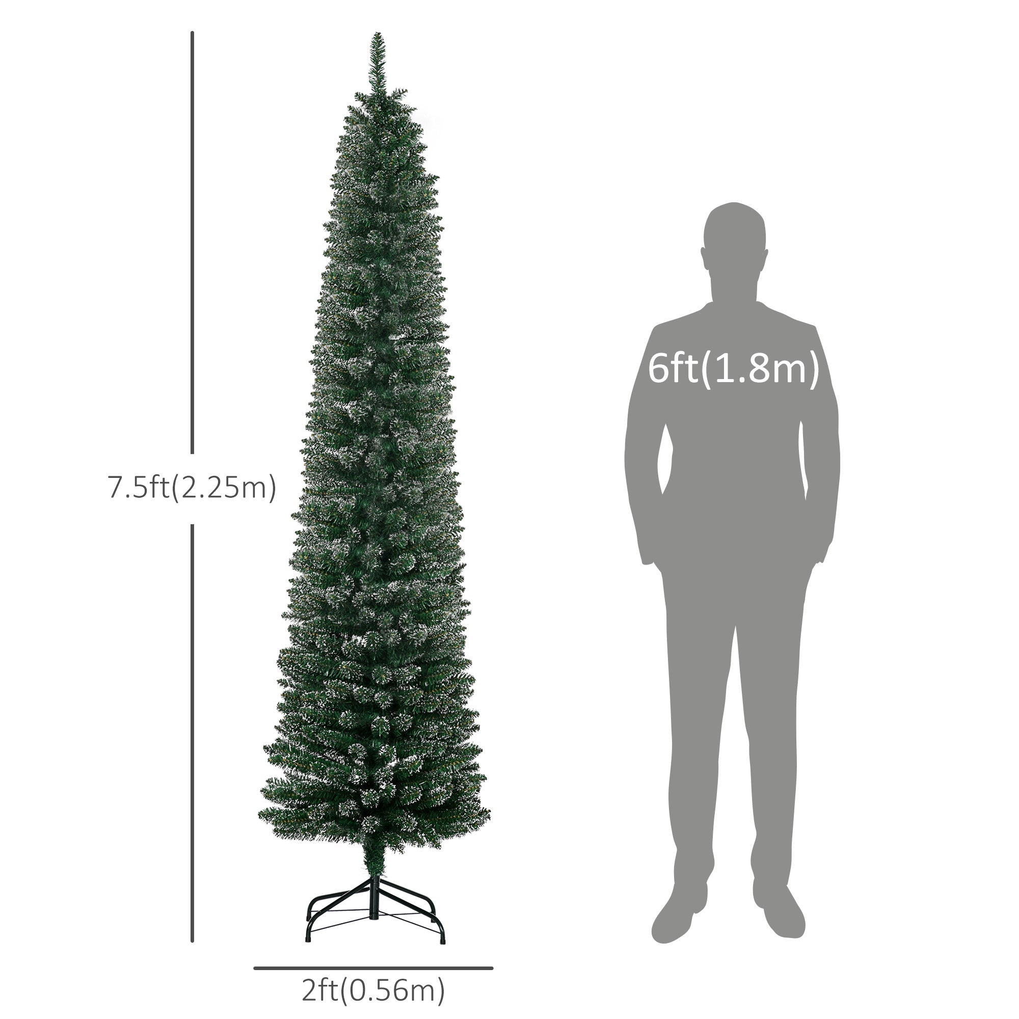 HOMCOM 7.5FT Artificial Snow Dipped Christmas Tree Xmas Pencil Tree Holiday Home Indoor Decoration with Foldable Black Stand, Green 